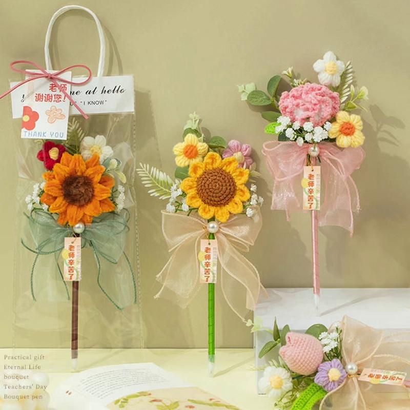 Crochet Flower Pen Black Ballpoint Pen Woven Bouquet Pens Black Ballpoint Artificial Flower Stationery Pen Teachers ' Day Gifts