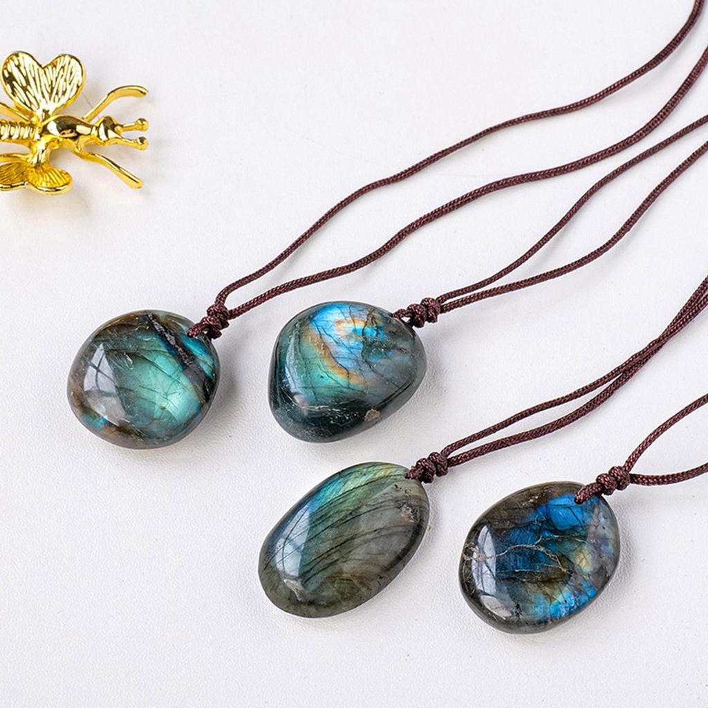 1pc Labradorite Necklace Natural Stone Rope Wrap Necklaces Irregular Shape Unique Natural Pendant Jewelry DIY Gift