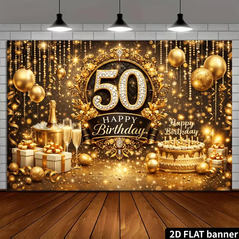 2D 50th Birthday Black Gold Themed Backdrop Photo Background Banner