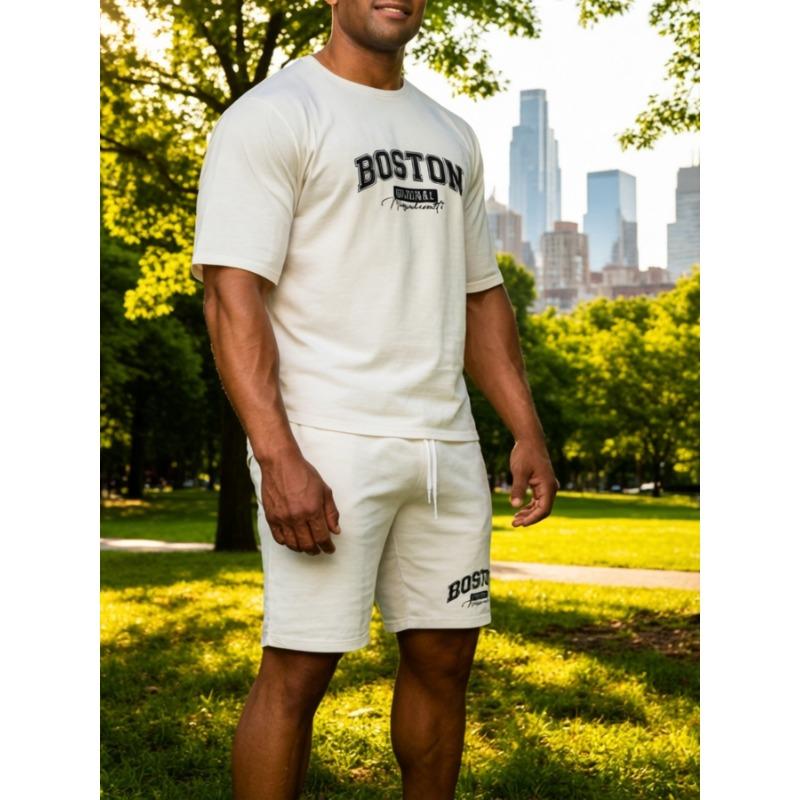 2-piece men s 3D casual round neck short-sleeved shorts set, Boston word design, drawstring elastic waist design S