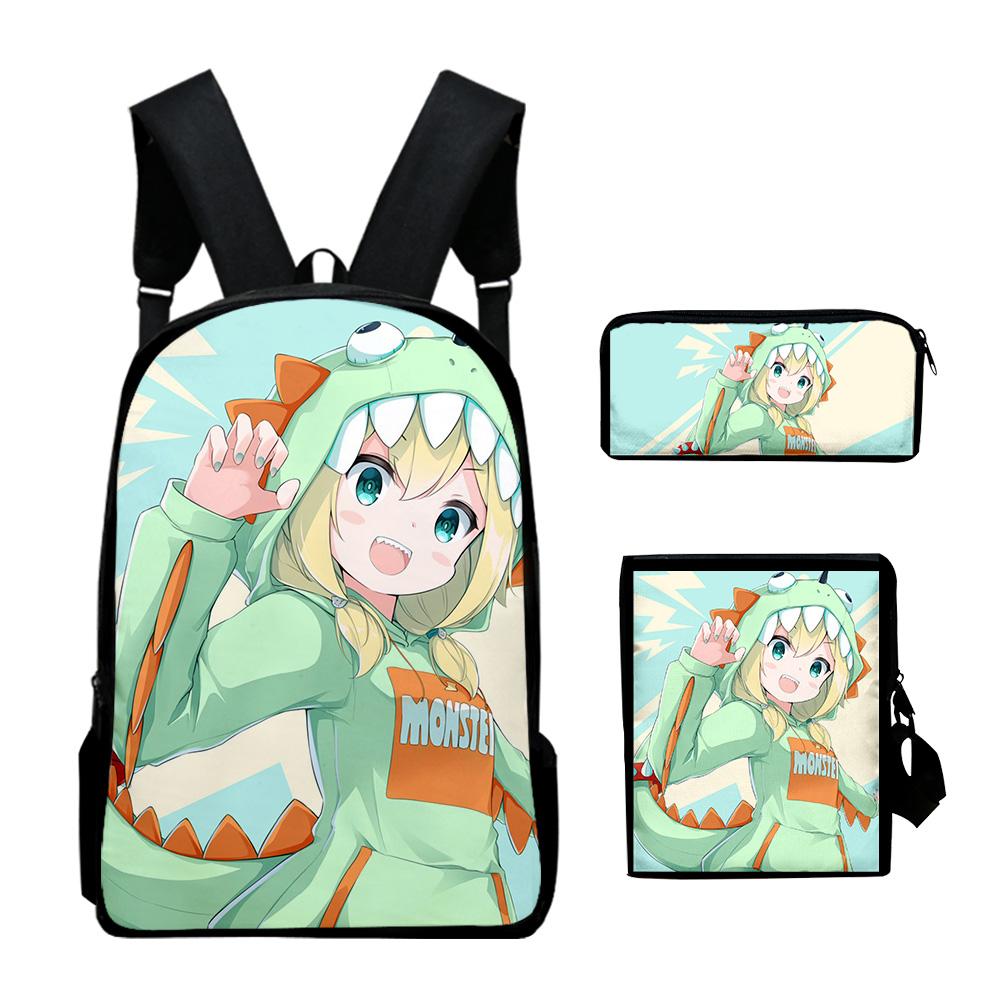 Popular Novelty Pikamee Anime 3D Print 3pcs/Set Pupil School Bags Laptop Daypack Backpack Inclined Shoulder Bag Pencil Case