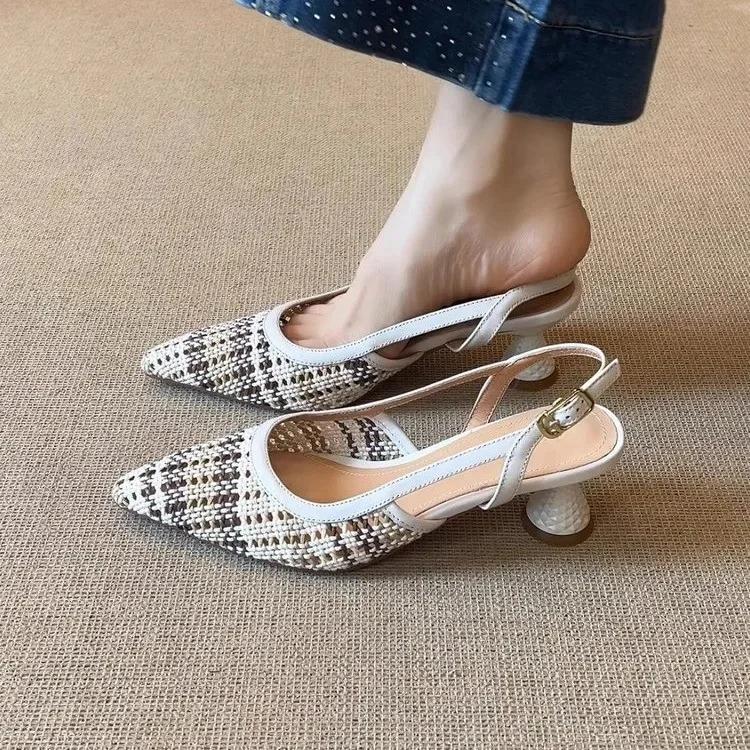 Fashion French Woven Hollow Out Pointed Toe Sandals Women's Summer New Style Retro High Heels PU Lined Rubber Bottomed Footwear