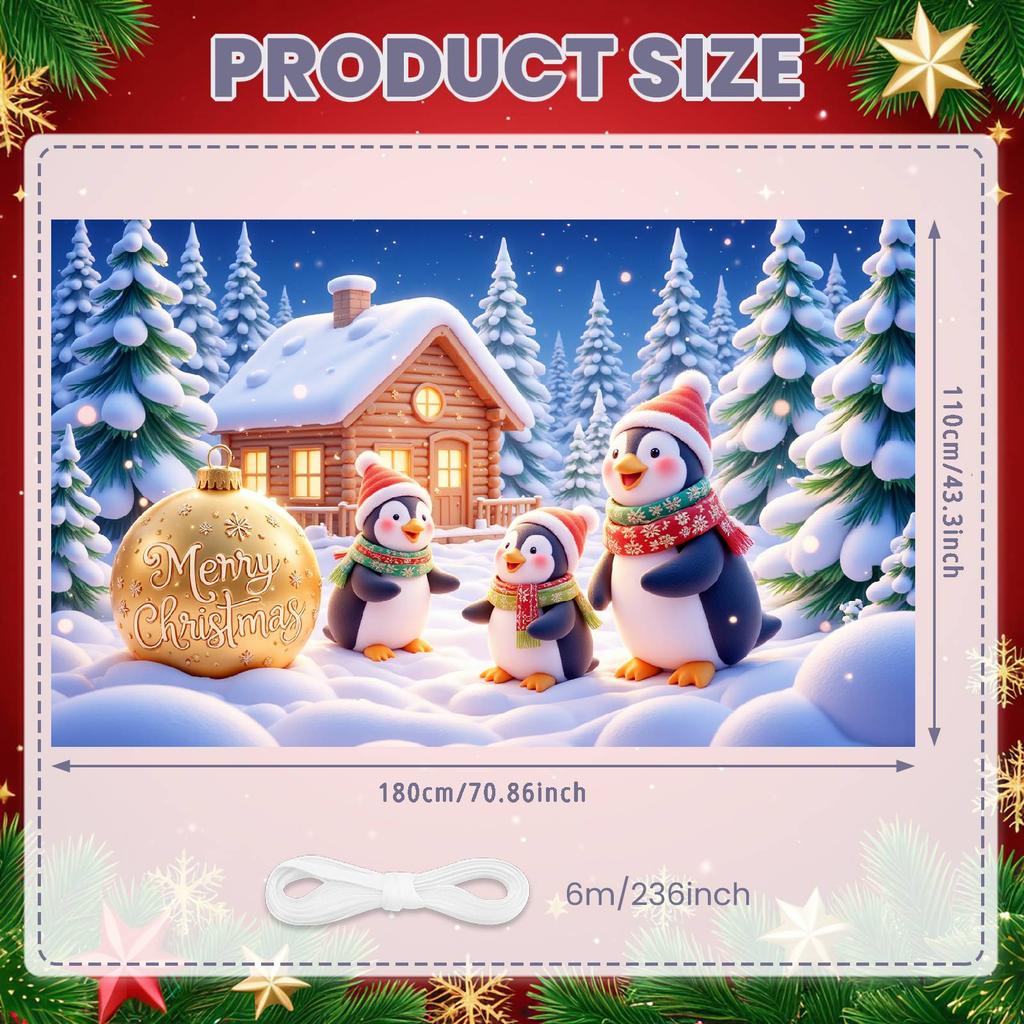 Festive Banner Gold Decorative Penguin Christmas Banner Holiday Banner Snowy Tree For Holiday Photo Shoot Christmas Decoration