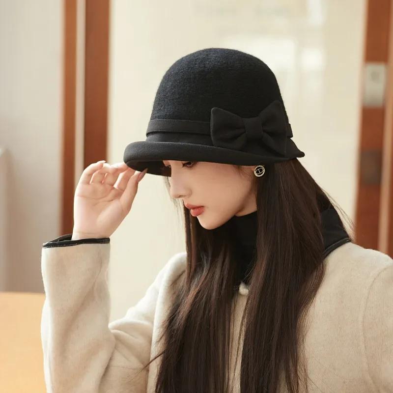 

Autumn and winter new hat women s French retro small fragrance style heiress top hat Hepburn style woolen fisherman hat 56-58CM