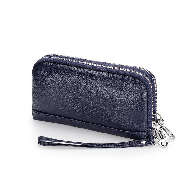 Women Genuine Leather Long Wristlet Clutch Purse 2 Layer Zipper Easy To Clean Phone Cash Bag for Mom Daily Use