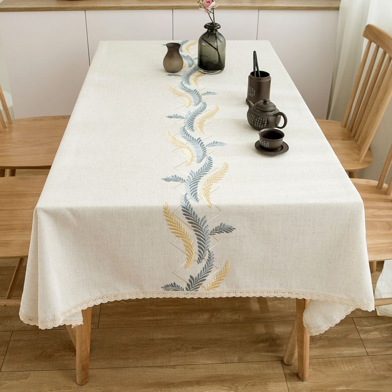 

Fabric Cotton Linen Chinese Style Japanese Style Artsy Minimalist Rectangular Tablecloth Light Luxury Embroidery Linen Coffee Table Cover Cloth Wind Blows Wheat Waves-Blue Embroider 90*90cm