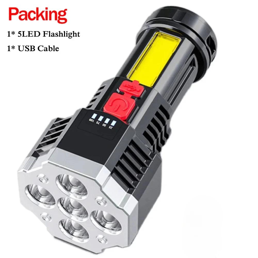 USB Rechargeable LED Flashlight Camping Lantern Spotlight COB Side Light Battery Display Adventure Outdoor Fishing Torch lamp