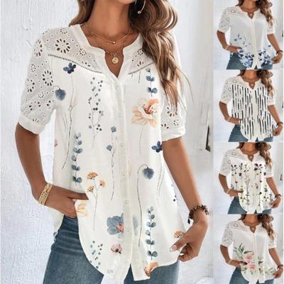 Nouvelle mode à manches courtes imprimé chemises décontractées pour femmes hauts d'été vintage grande taille chemisiers amples femmes élégant boutonné chemise blanche creuse 26256