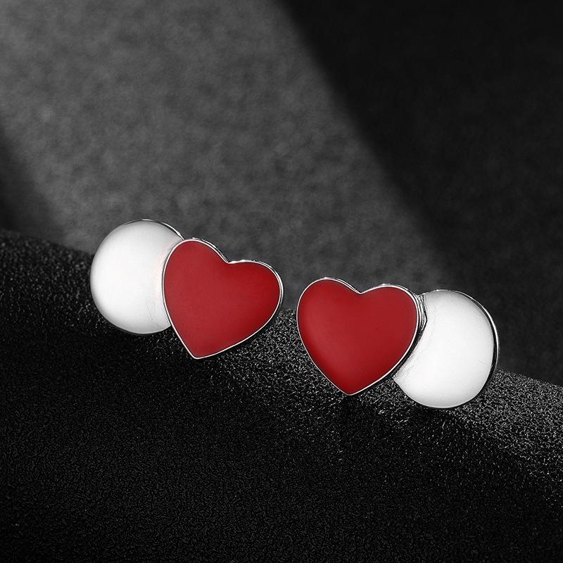 New Year S925 Sterling Silver Asymmetrical Red Heart Splicing Stud Earrings - Korean Light Luxury Jewelry