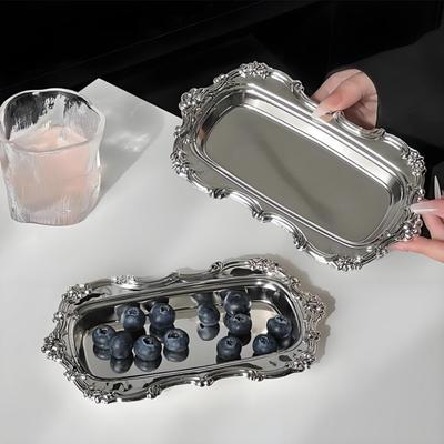 Stainless Steel Dessert Plate Embossed Jewelry Storage Plate Vintage Cake Tray Home Decoration
