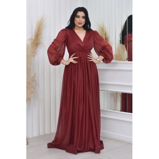 Zweireihiges Abendkleid mit Kragen, Gürtel und Ballonärmeln aus glitzerndem Tüll TE Settür Abendkleid