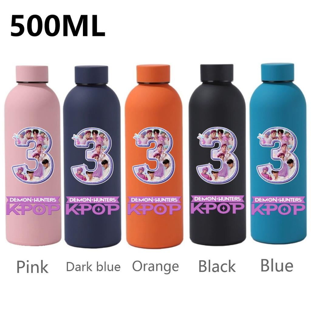 500ML KPop Demon Hunters Sport Leak Proof Stainless Steel Insulated Mug Water Cup Letter Number Cartoon Print Birthday Gifts