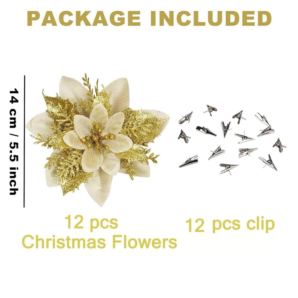 12Pcs Christmas Poinsettias Flowers Decoration Artificial Flowers for Christmas Tree Ornaments Suitable for Home Christmas Decorations