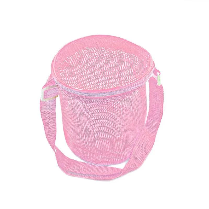 Mesh Beach Bag for Kids Toy Organizer Net Zipper Adjustable Shoulder Strap Storage Pouch Child Shell Collecting Bag Round Bucket