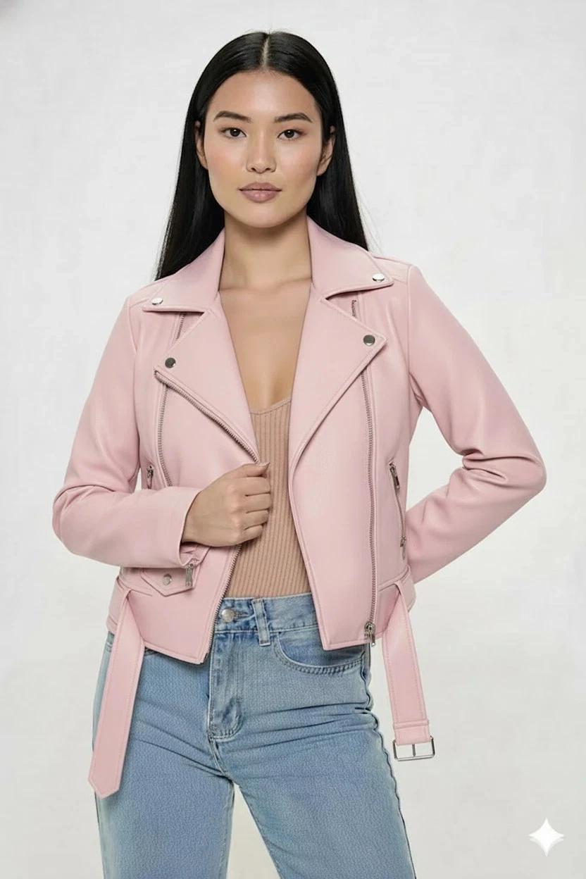 

Носите розовую кожаную куртку из овчины женскую ручной работы для вечеринок, стильную, из натуральной кожи, повседневную S розовый