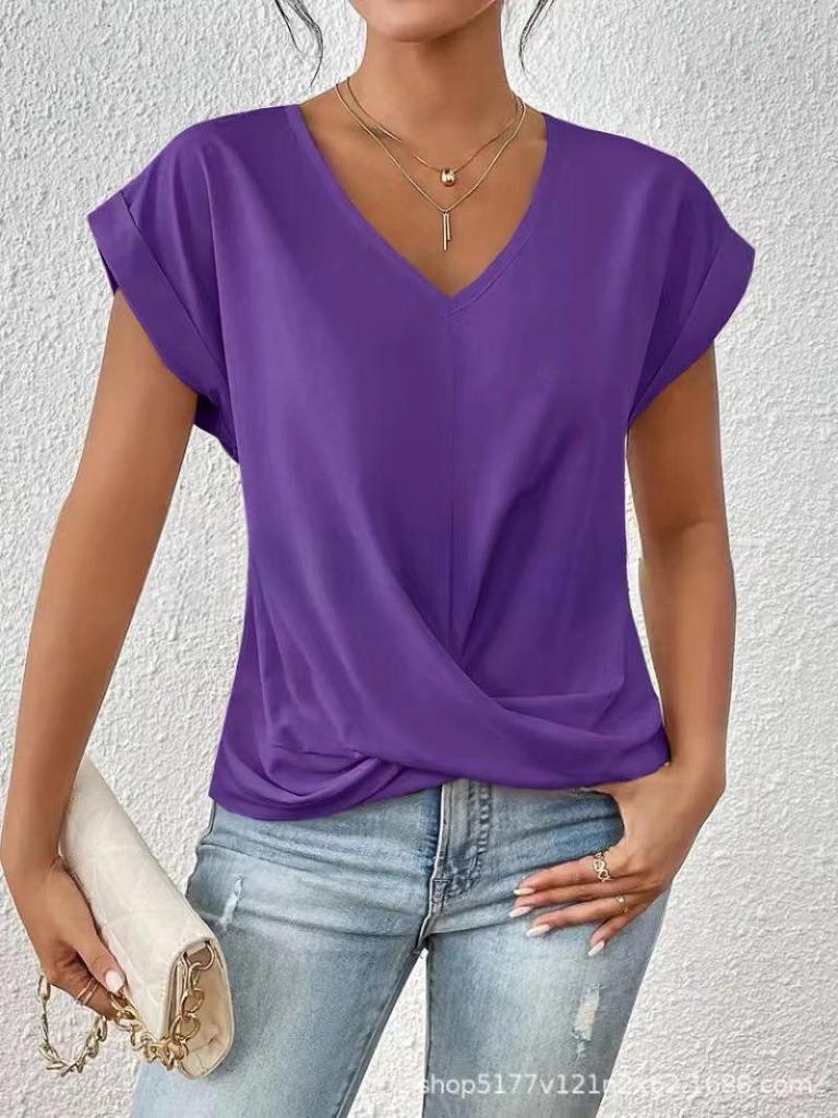Elegant Solid Color V-neck Short-sleeve T-shirt for Women - Spring/Summer Collection