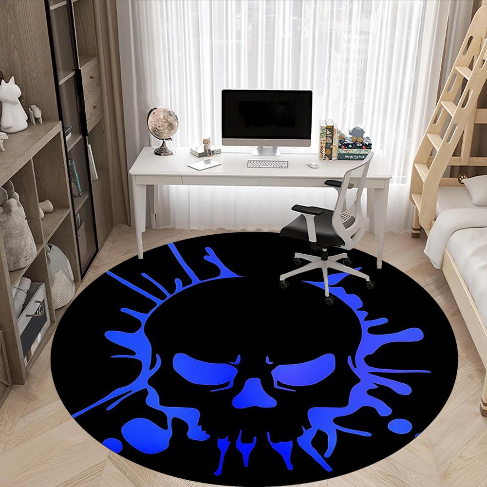 1pc Skull Blue Office Round Area Rug, Under Office Chairs Bedroom Living Room Home Decor, Room Deco