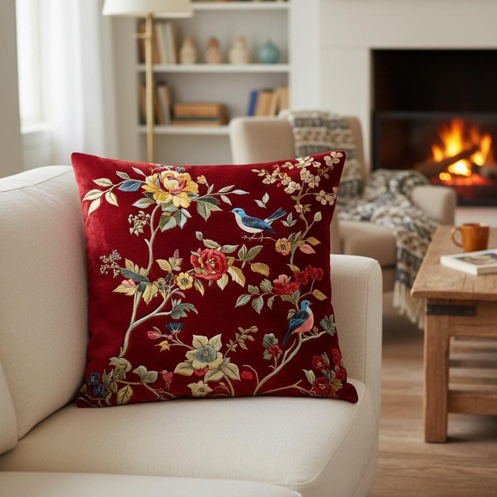 Vintage Red Floral Bird Pillow Cover Faux Embroidery Style Peony Print Elegant Cushion Case For Sofa Bed Couch Home Decor