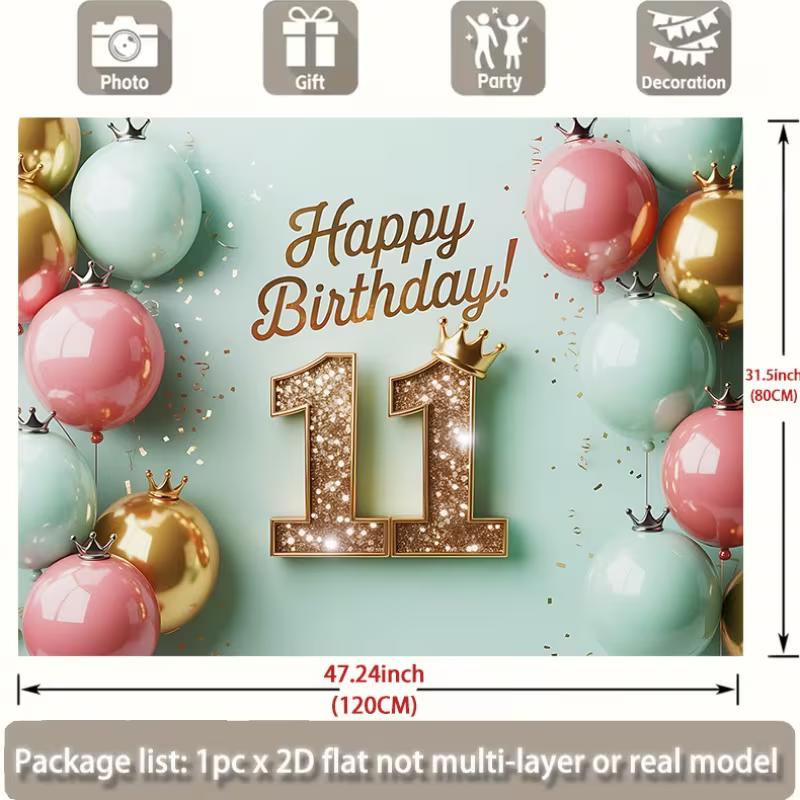 2D 11th Birthday Party Backdrop, Pink Mint Gold Balloon with Crown Background for Photo Booth