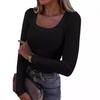 Women's U Neck Long Sleeve Tee Slim Fit Casual Ribbed Knit Solid Color Spring Basic Top