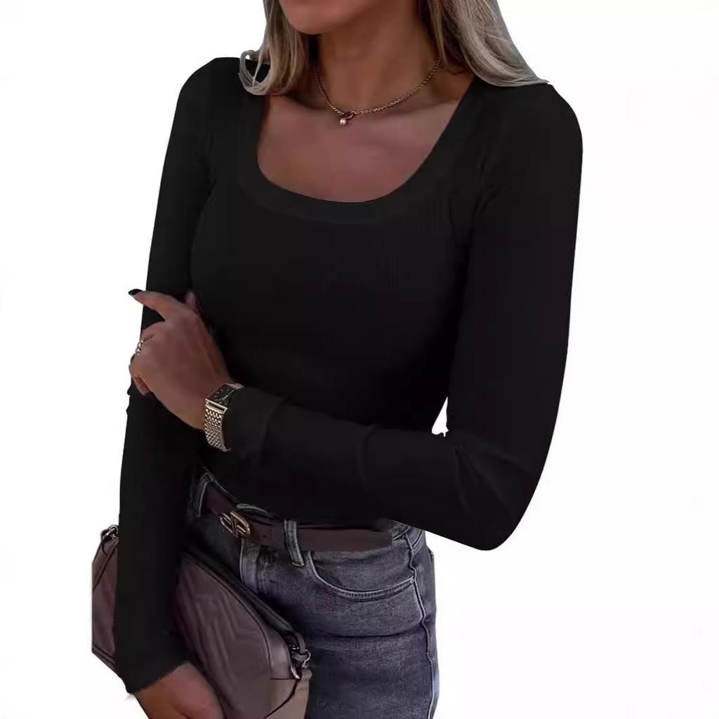 Women's U Neck Long Sleeve Tee Slim Fit Casual Ribbed Knit Solid Color Spring Basic Top