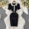 Xiaoxiangfeng temperament contrasting colors single-breasted lapel short-sleeved knitted dress women's summer waist and thin hip-wrapped short skirt