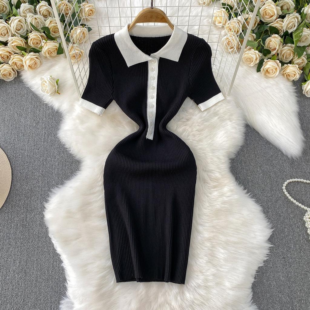 Xiaoxiangfeng temperament contrasting colors single-breasted lapel short-sleeved knitted dress women's summer waist and thin hip-wrapped short skirt