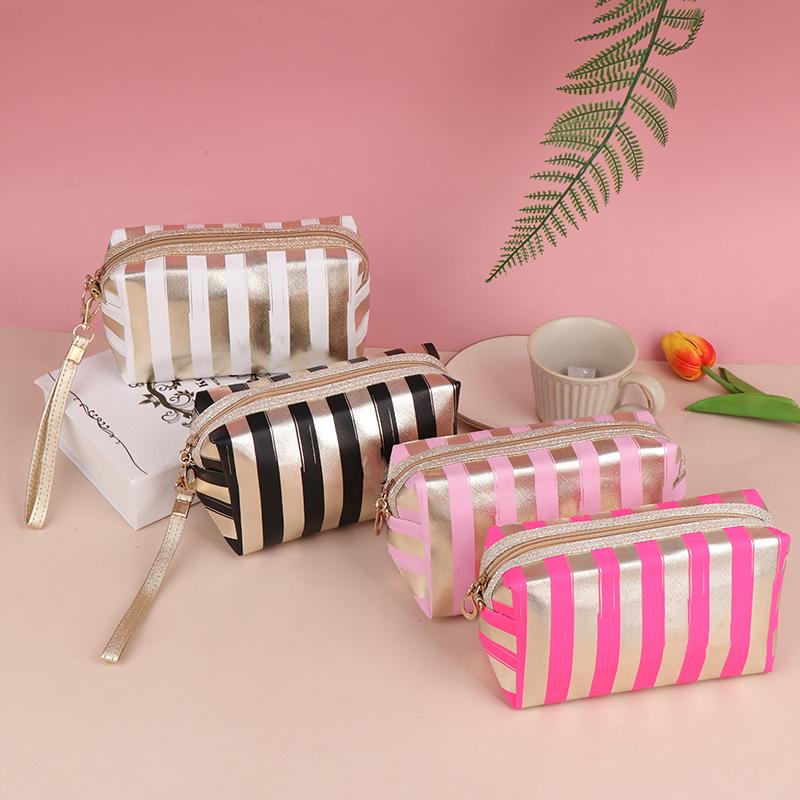 Phnom Penh Stripe Cosmetic Bag Pu Leather Anise Storage Bag Lady Clutch Bag