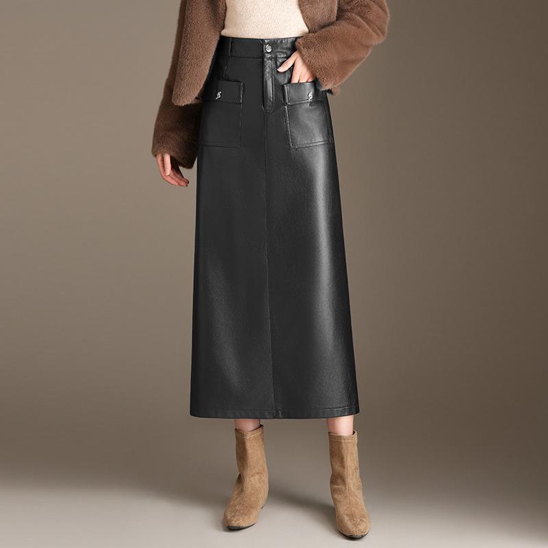 

2025 Winter Korean High-Waisted PU Leather Skirt - Plus Size, Mid-Length, Slimming, Versatile, Hip-Hugging Design L чёрный