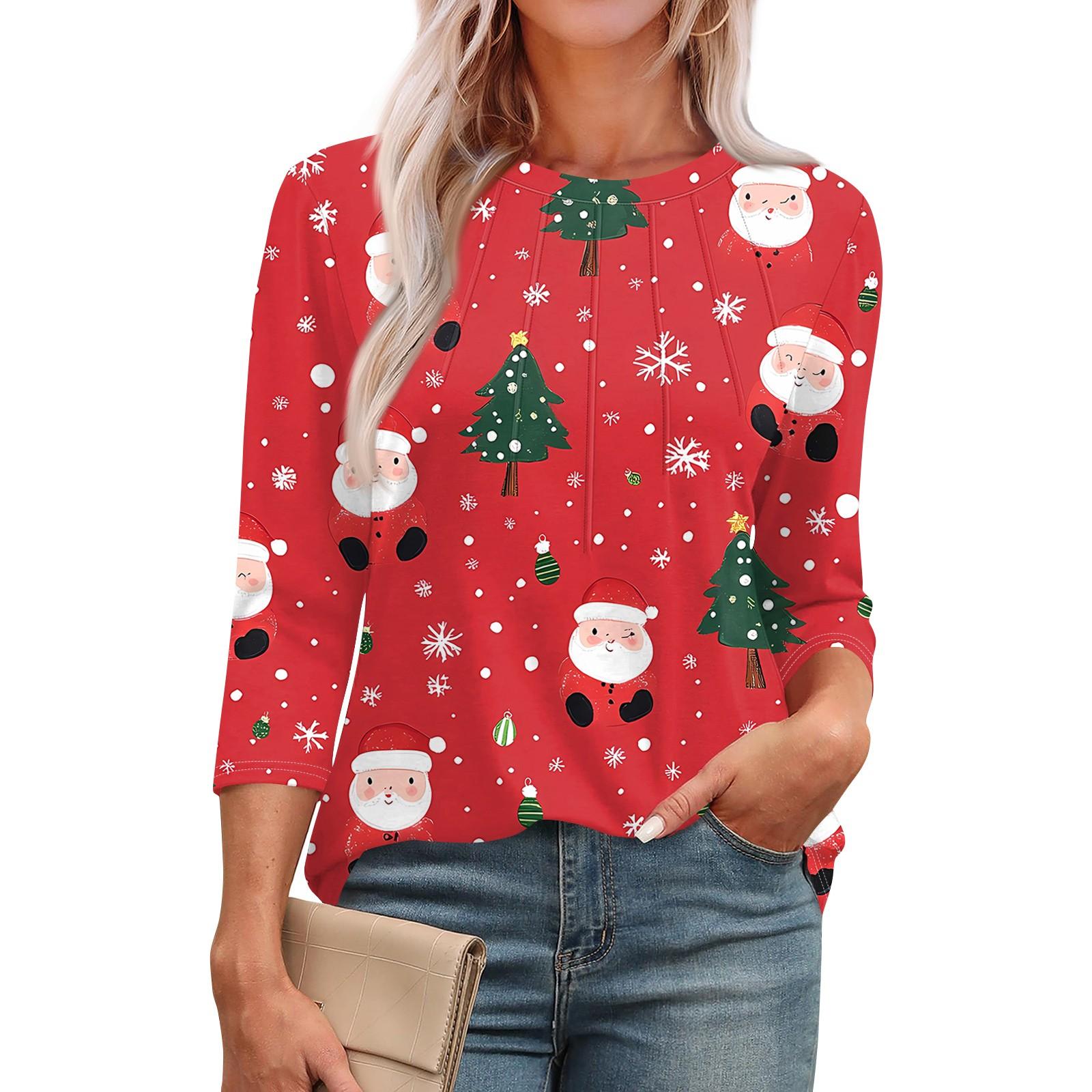 

Женская модная футболка с круглым вырезом и рукавом 3/4 с рождественскими принтами, повседневная базовая плиссированная футболка-пуловер M киноварь