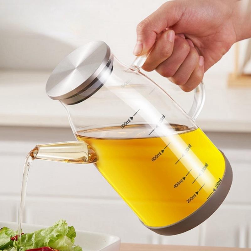 Hohes Borosilikatglas Messskala Ölkanne Auslaufsicher Sojasauce Gewürzflasche Edelstahldeckel Ölkanne Hochtemperaturbeständig Ölkanne