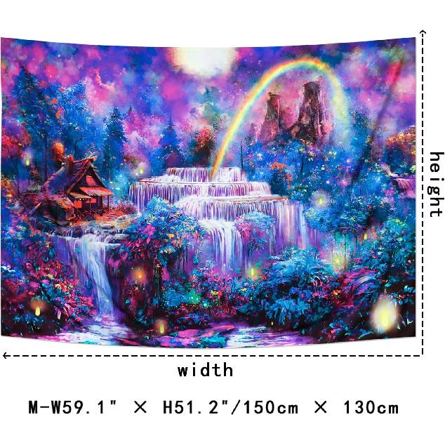 Racunbula Blacklight Tapestry Fantasy Forest Tapestry UV Reactive Waterfall Rainbow Tapestries Misty Jungle Plants Nature Landscape Tapestries Wall