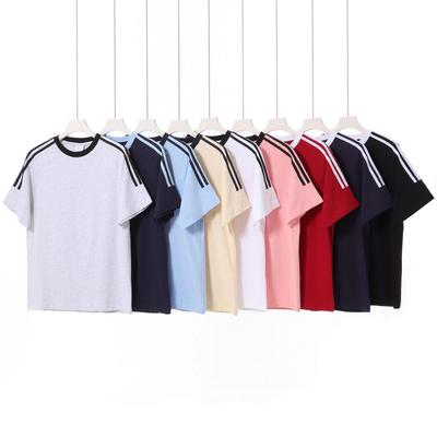 Unisex Solid Color Heavy Duty Combed Cotton T-Shirt, American Sports Style, Short-Sleeve with Three-Bar Ribbon, Summer Attire
