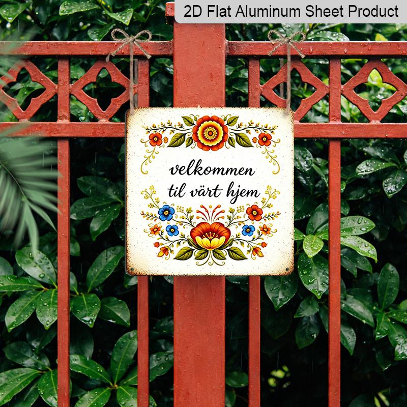 2D Flat, 1pc Scandinavian Folk Art Aluminum Welcome Sign - Retro Nordic Wall-Mounted Floral & Suitable for Entrance, Porch, Garden - Seasonal Holiday