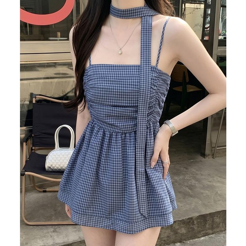 #French blue plaid sling vest women's summer new design sense niche streamer chic top
