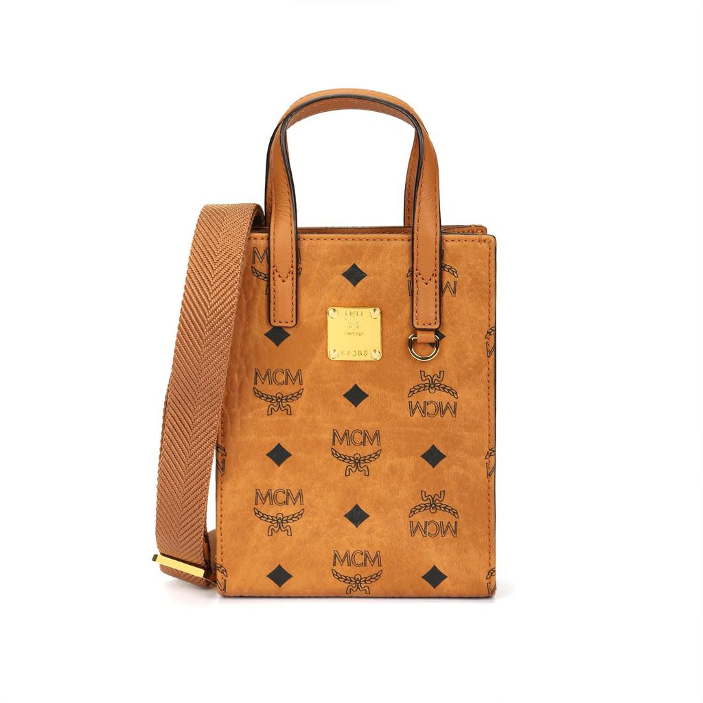 MCM Klassik Visetos Aged Leather Print Synthetic Leather Handbag Shopping Bag Mini Women's Brown with Brandy Color