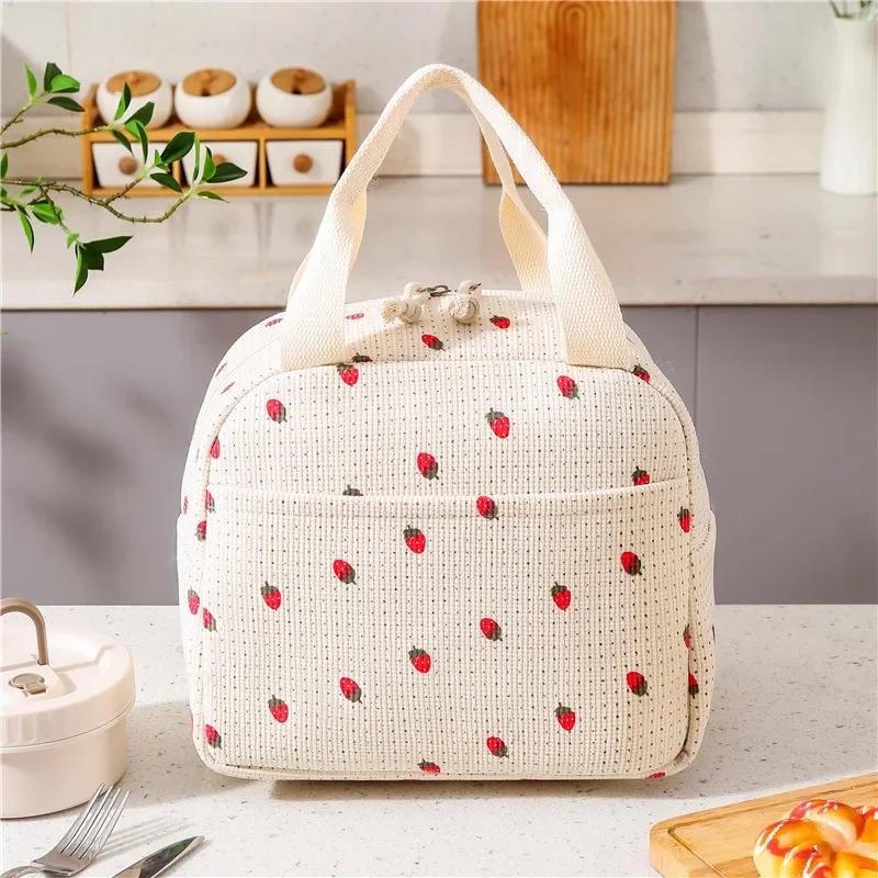 Portable Floral Printed Food Handbags Reusable Large Capacity Insulated Lunch Box Waterproof Office Camping Ins Bag