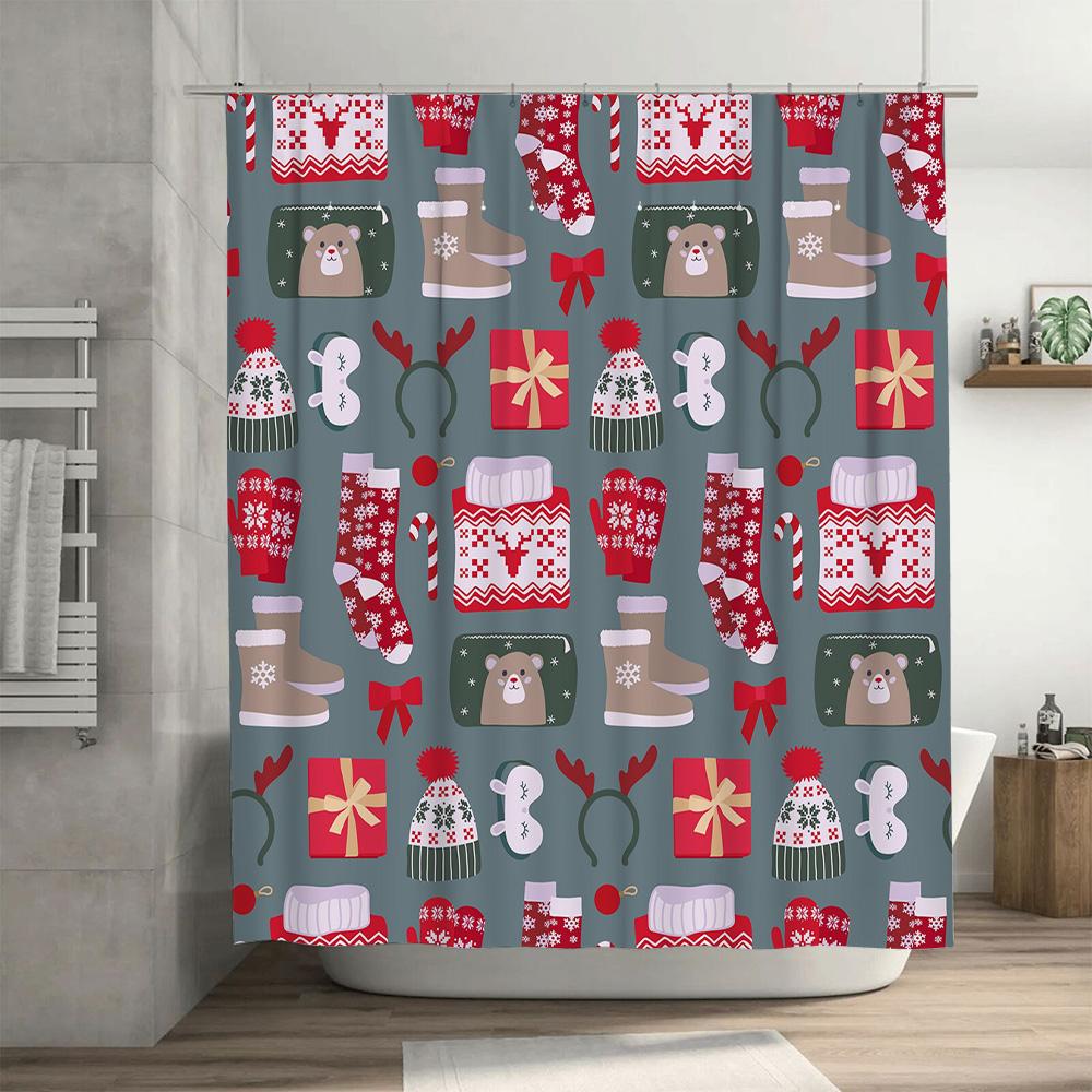 Christmas Shower Curtain Decorative Waterproof Christmas Gifts Xmas Candy Cane Pattern Bath Linen Home Decoration