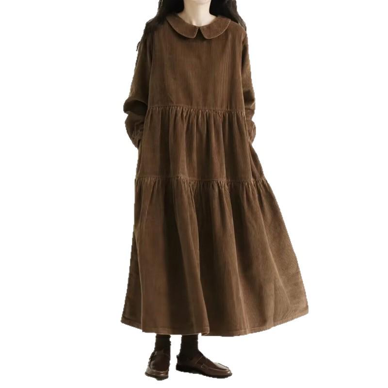 Japanese Style Corduroy Doll Collar Autumn A-Line Long-Sleeve Dress