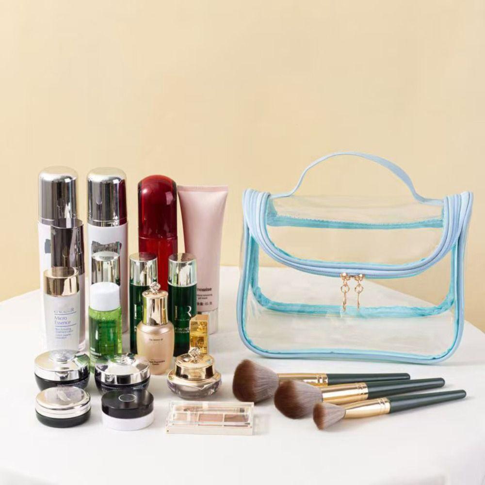 Solid Color Mesh Cosmetic Bag PVC Handheld Makeup Pouch Casual Transparent Makeup Bag  Travel