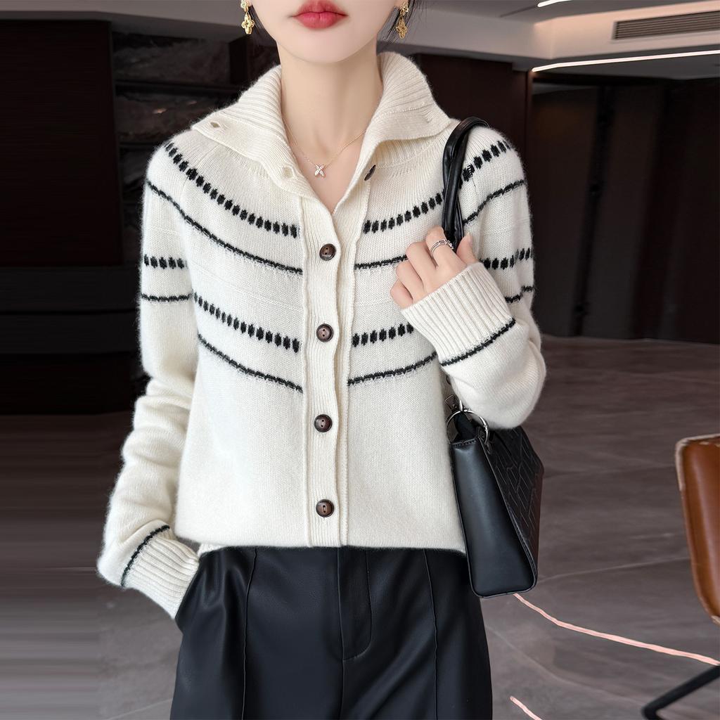 Women Autumn Winter Knit Cardigan Retro Fair Isle Pattern Round Neck Long Sleeve Loose Wool Blend Sweater Coat Casual Outerwear