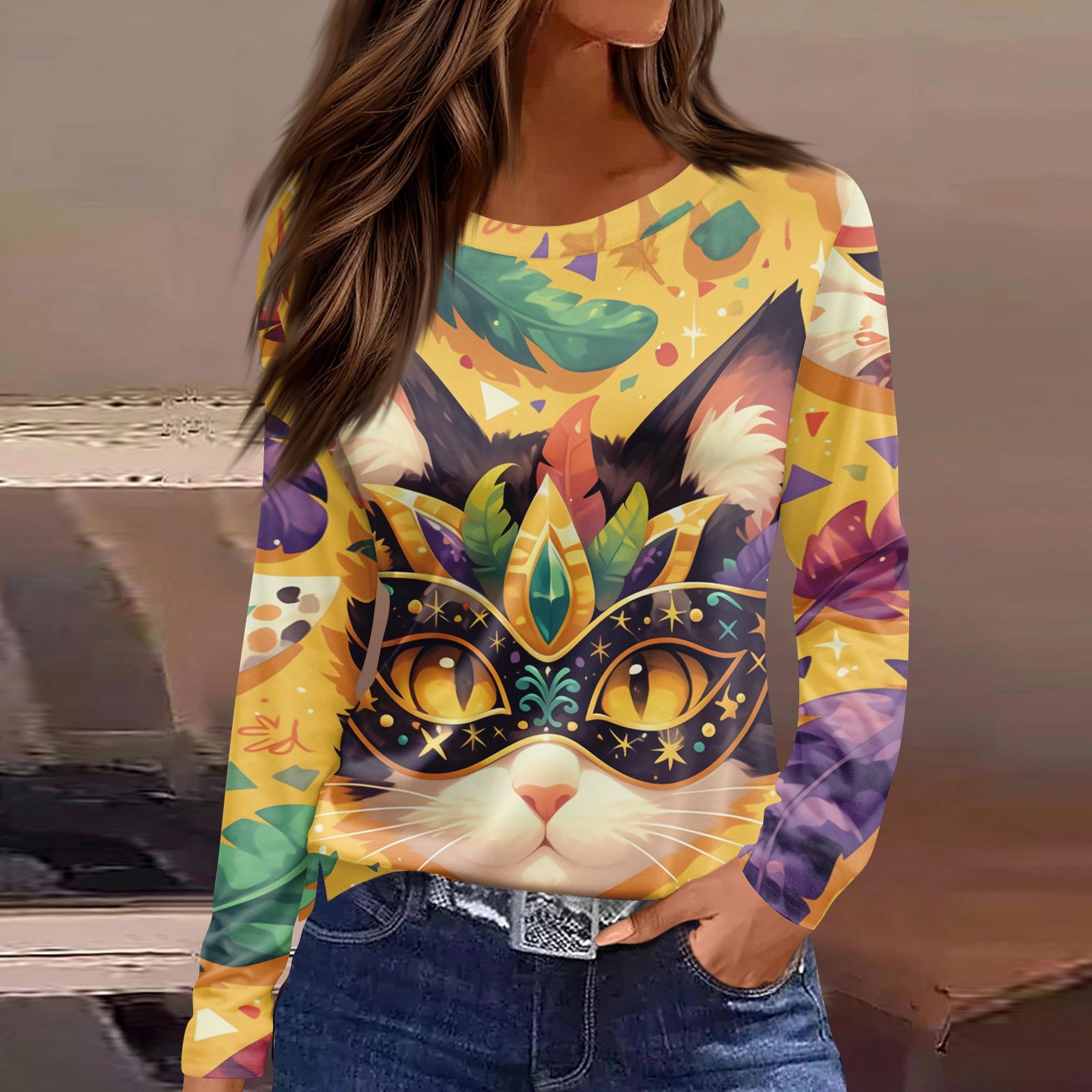 

Women s Fashion Casual Slit Hem Round Neck Long Sleeve Loose Printed T-Shirt Top XL жовтий