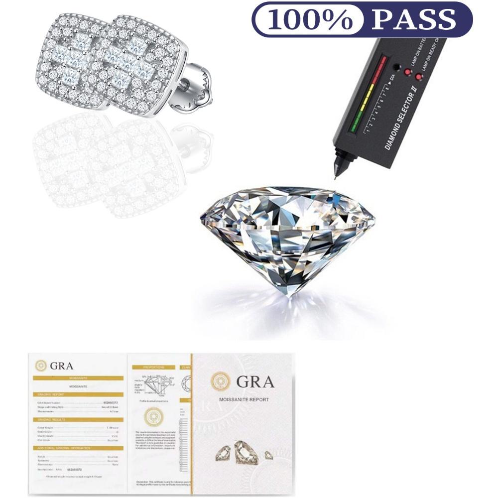 Moissanit Echte Herren Echte Solide 925 Sterling Silber Vereiste Hip Hop Quadratische Ohrringe