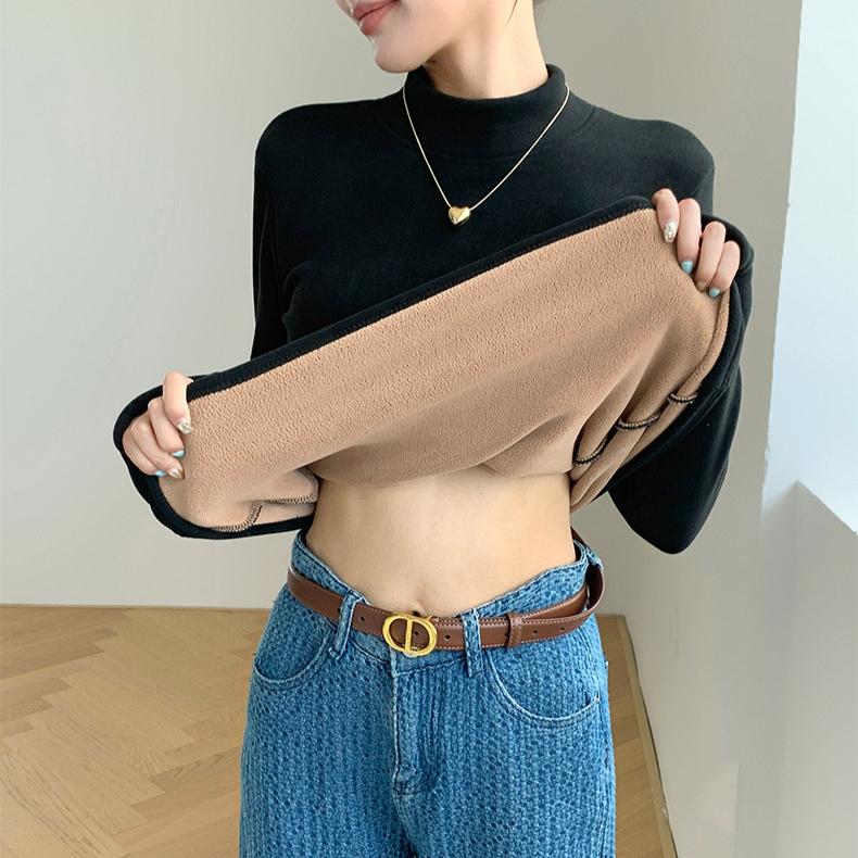 Turtleneck Pullover for Women In Autumn and Winter Fitted Top Thick and Warm Long-sleeved Top with Added Fleece