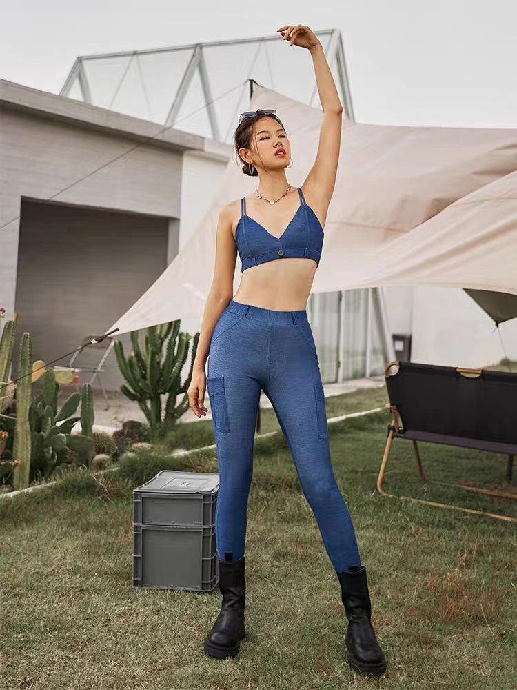Denim Sports Bra & Hip-Lifting Yoga Tights Fitness Set