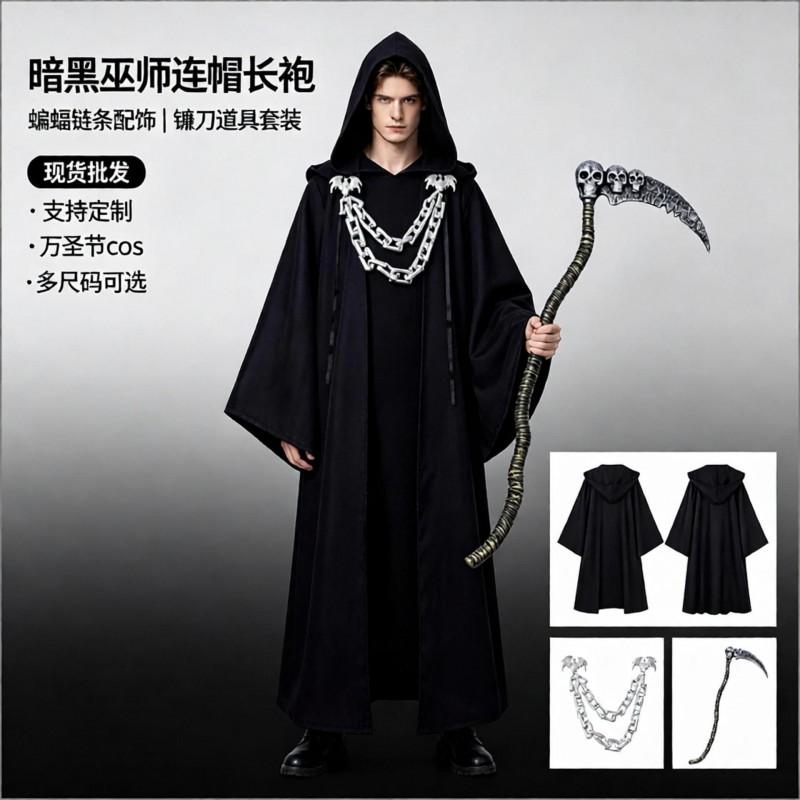 Halloween Gothic Hooded Robe Costume With Chain Detail Medieval Wizard Priest Cosplay Outfit Party