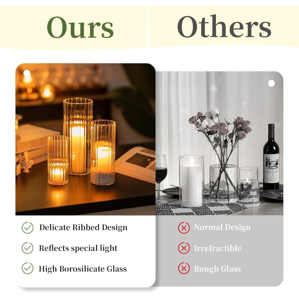 6pcs Ribbed Glass Candle Holder Cylinder Candle Holders for Pillar Candles Clear Hurricane Candle Holder Decorative Floating Candle Vases