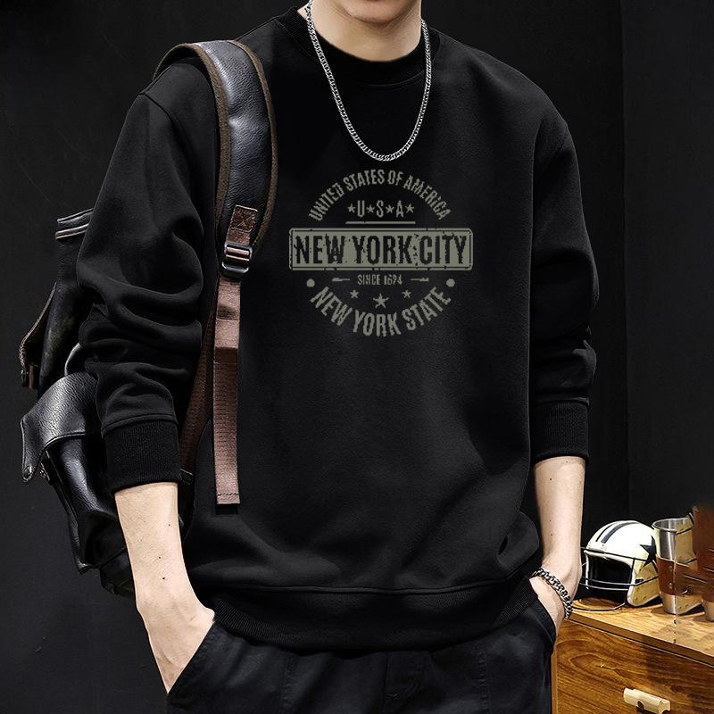 Men s Retro Letter Print Fleece Hoodie - Round Neck, Loose Fit, Plus Size, Spring/Autumn Fashion. S (95-120 lbs)