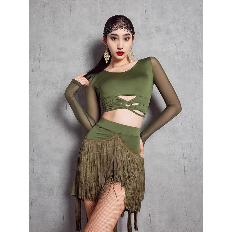 Womens Latin Dance Skirt With Fringe Hem Professional Practice Outfit Milk Silk Stretch