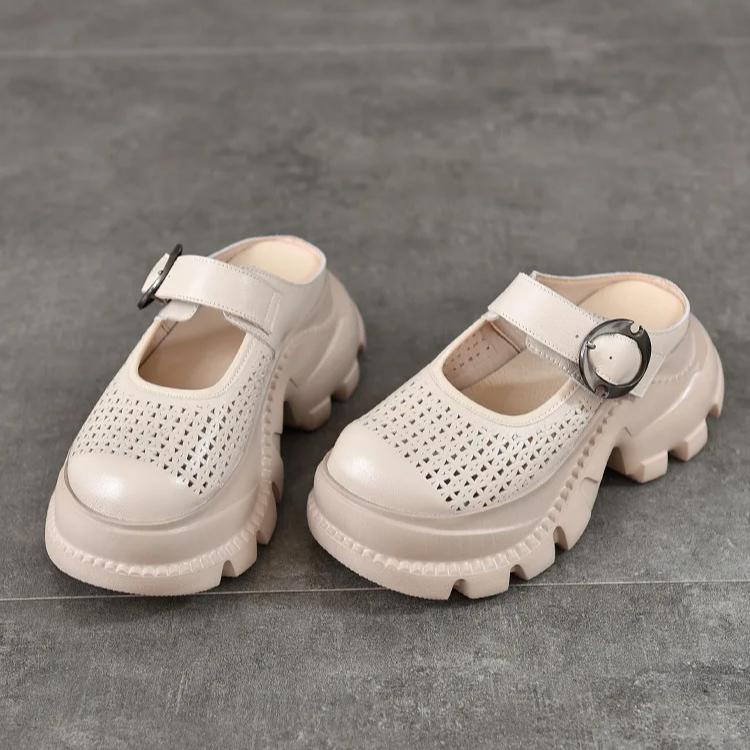 Johnature Легкі шльопанці з товстою підошвою та круглим носком з натуральної шкіри, перфоровані, дихаючі, жіноче взуття